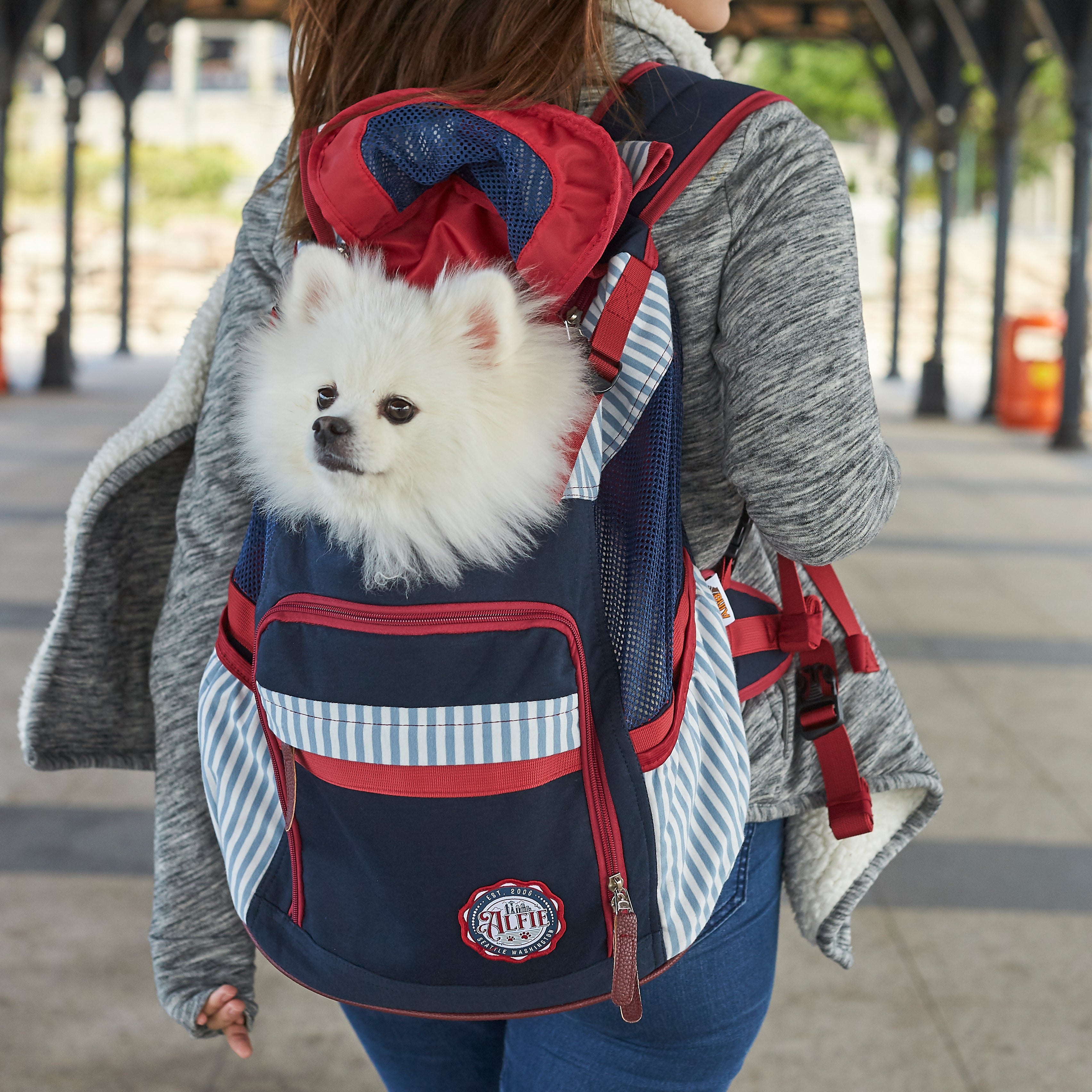 Alfie Pet Chico 2.0 Reversible Dog & Cat Carrier Sling, Pink & Denim